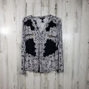 inc black and white vneck long sleeve shirt women's plus size XXL